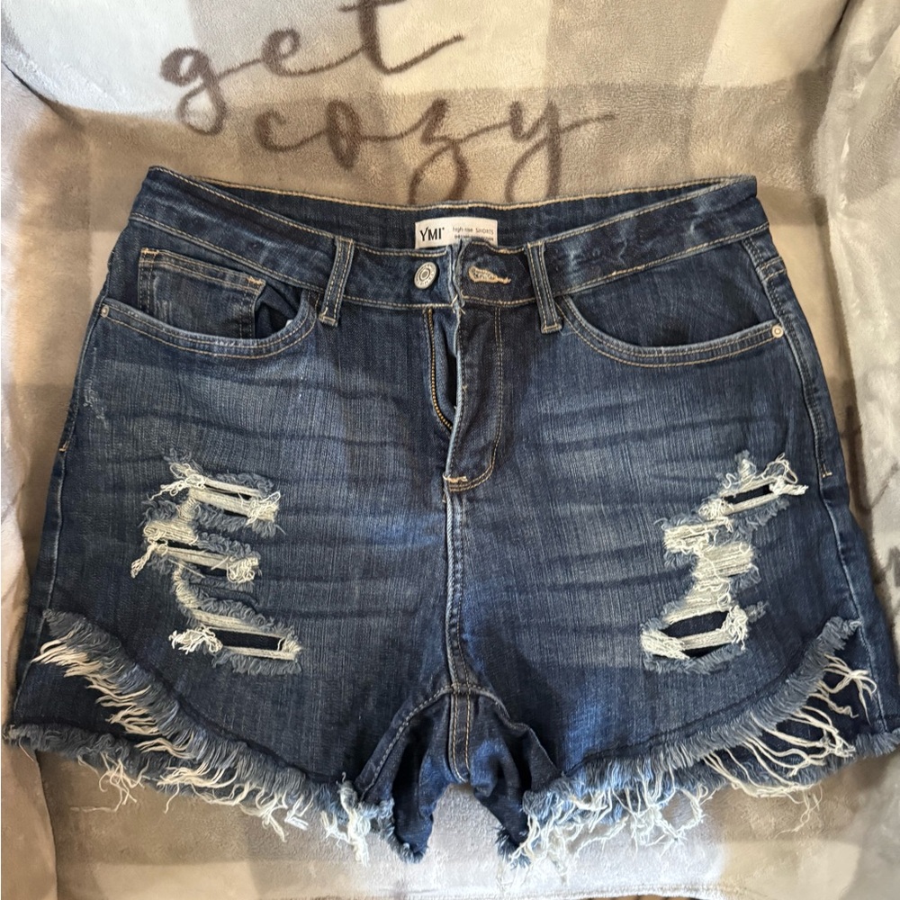 YMI Distressed Frayed Hem Dark Blue Denim Shorts